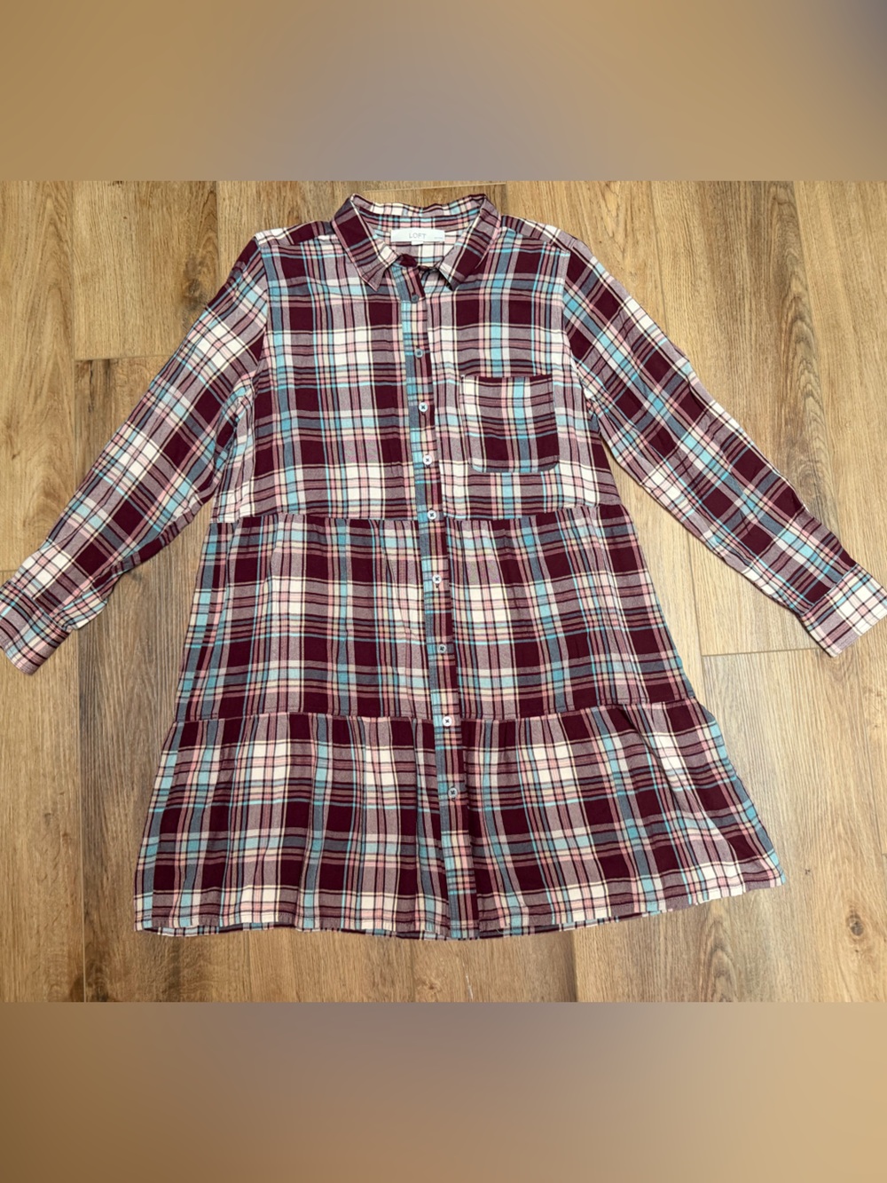 LOFT Plaid Shirt Dress Petite Large Burgundy Button Front Long Sleeve Tiered